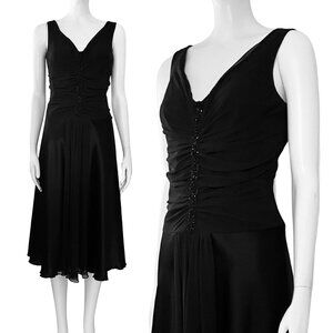 Vintage 90s ABS Black Midi Cocktail Dress Beaded. M/L. Party Retro Prom Deep V
